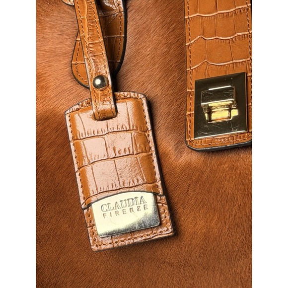 Claudia Firenze Calf Hair Leather Tote Bag Croc Embossed Trim Turn Lock Brown - Picture 3 of 13